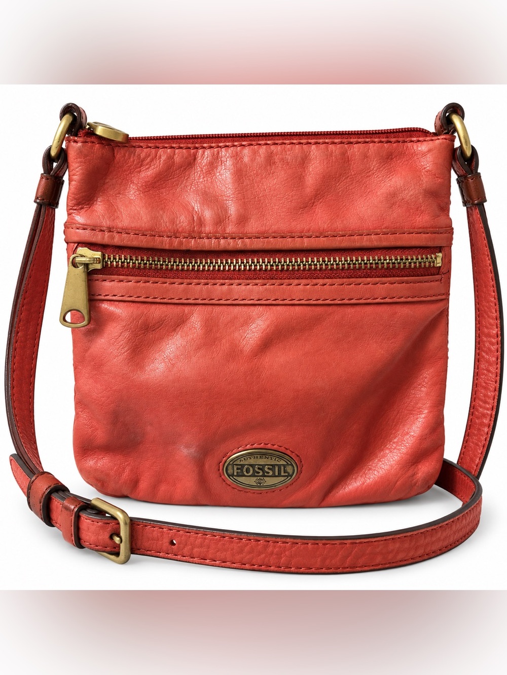 Fossil Explorer Mini Red Coral Leather Adjustable Crossbody Bag Purse Y2K SL3253
